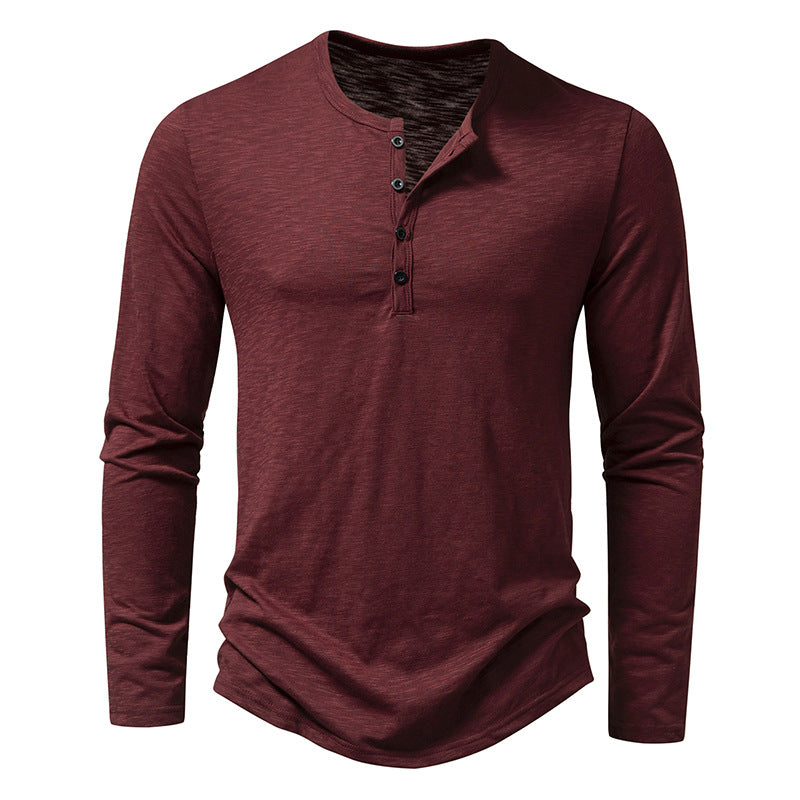 Men's long sleeve maroon henley shirt with buttoned placket and soft fabric texture