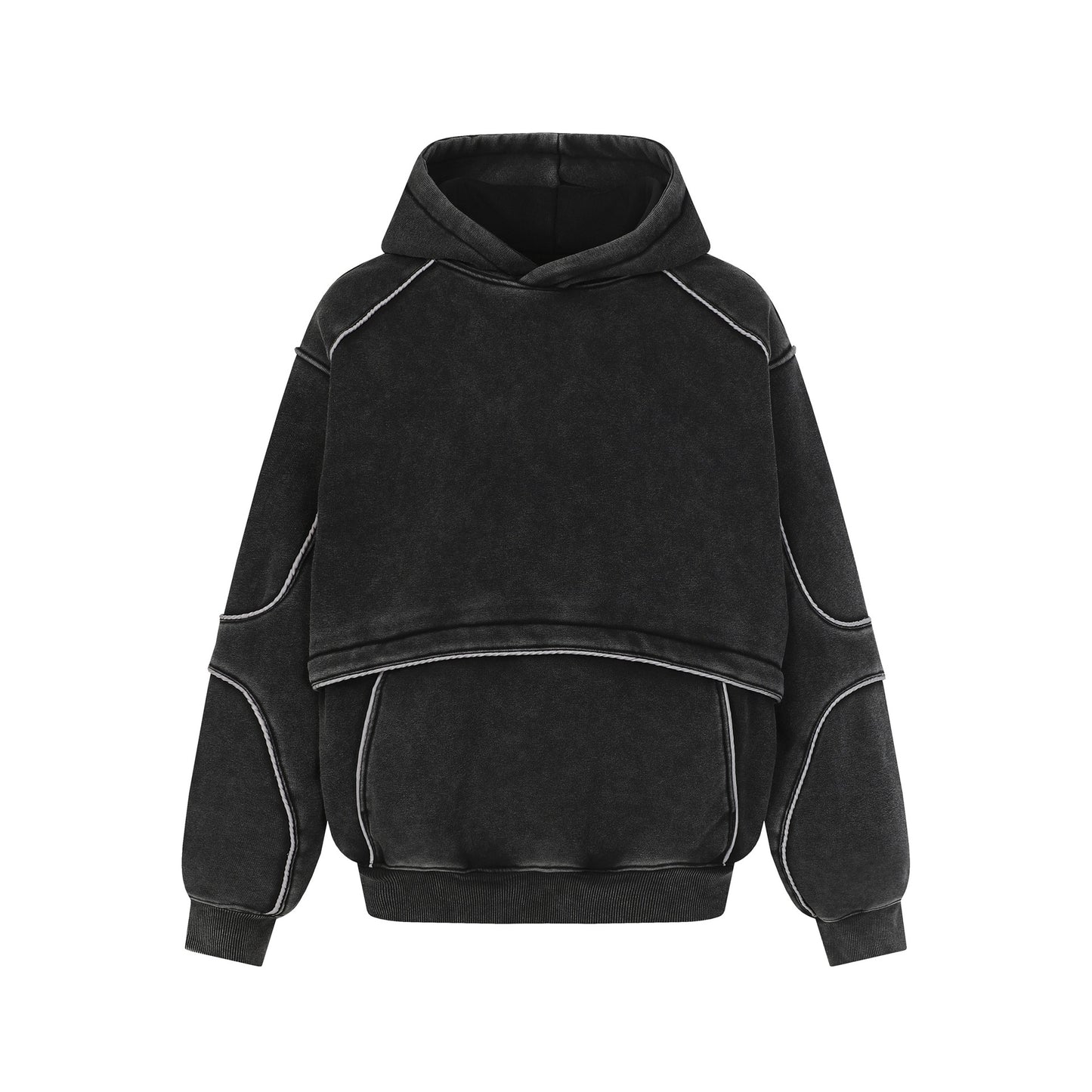Black oversized hoodie with exposed white stitching and front kangaroo pocket
