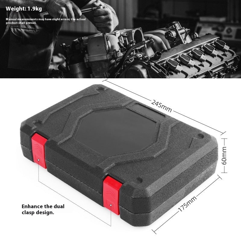 Compact black and red tool case with dual clasp design and dimensions 245x175x60mm