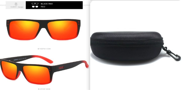 Black and red polarized sports sunglasses with orange reflective TAC lens and hard black carrying case