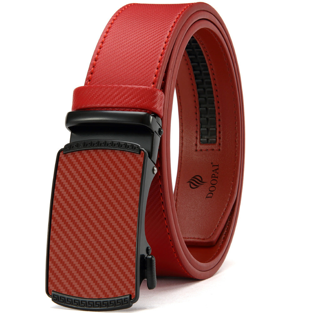 Red men's leather belt with automatic ratchet buckle, carbon fiber pattern, adjustable