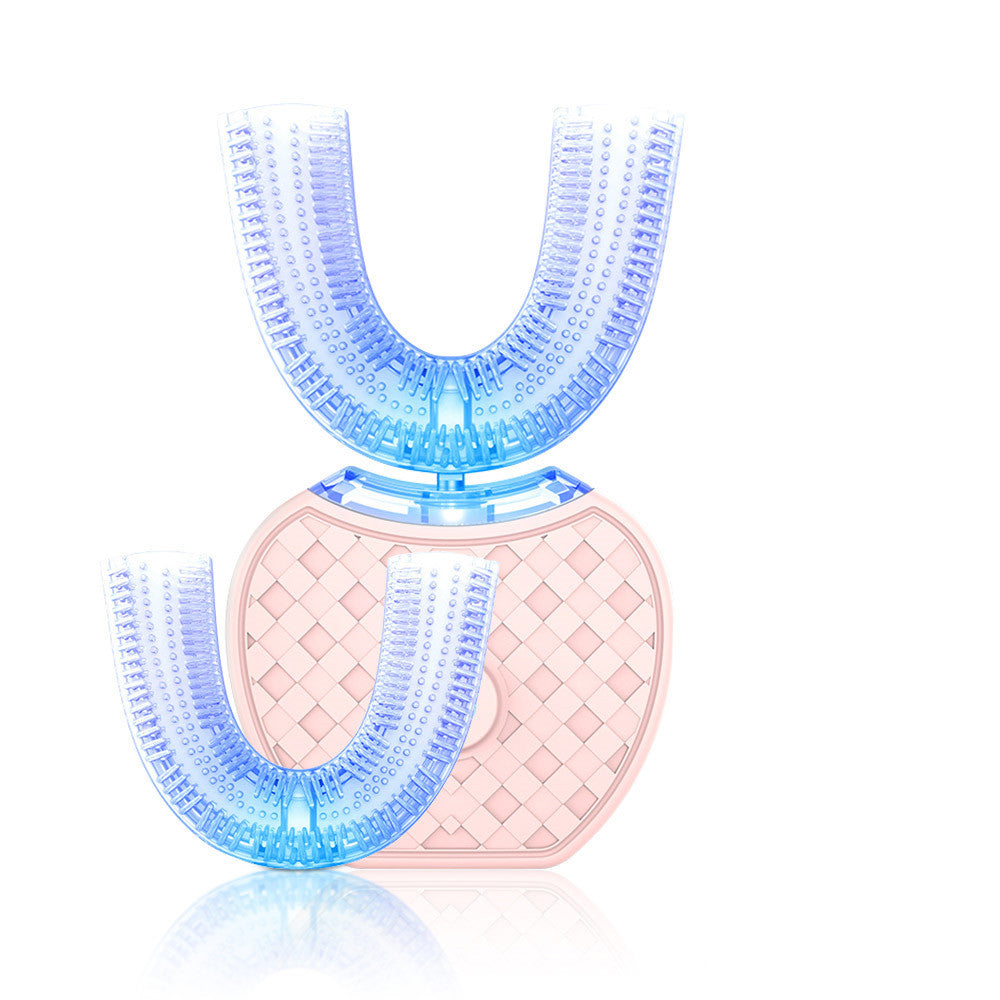 Electric U-shaped automatic toothbrush with two blue silicone brush heads and pink textured base