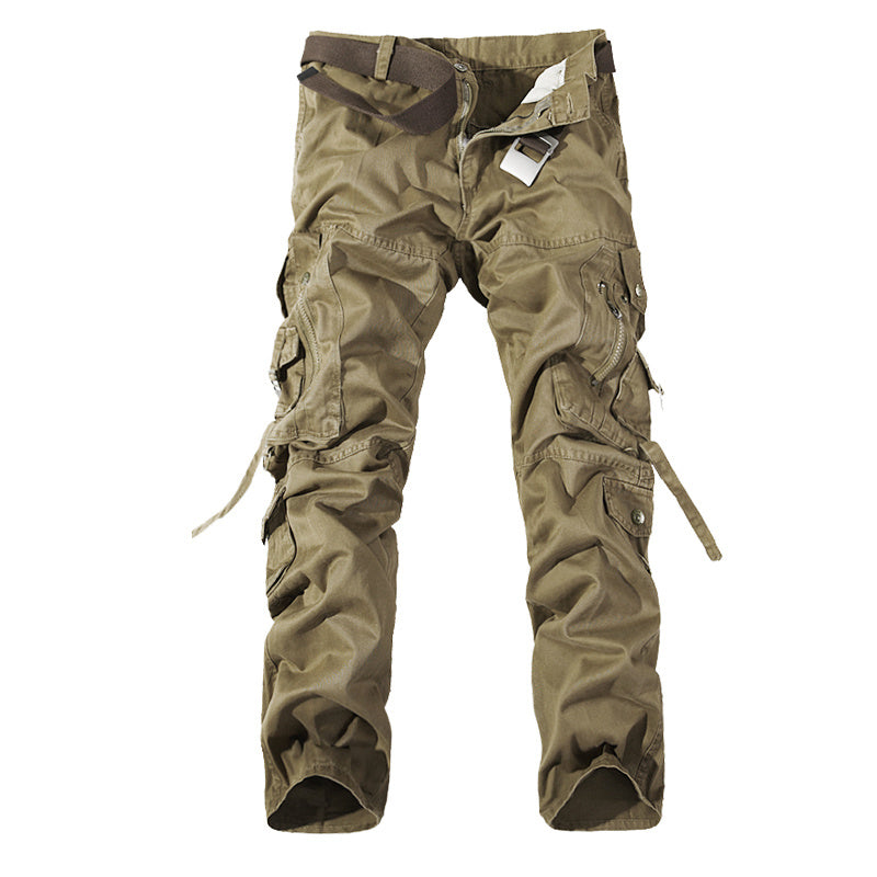 Army green men's cargo pants with multiple pockets and a brown belt, durable cotton fabric