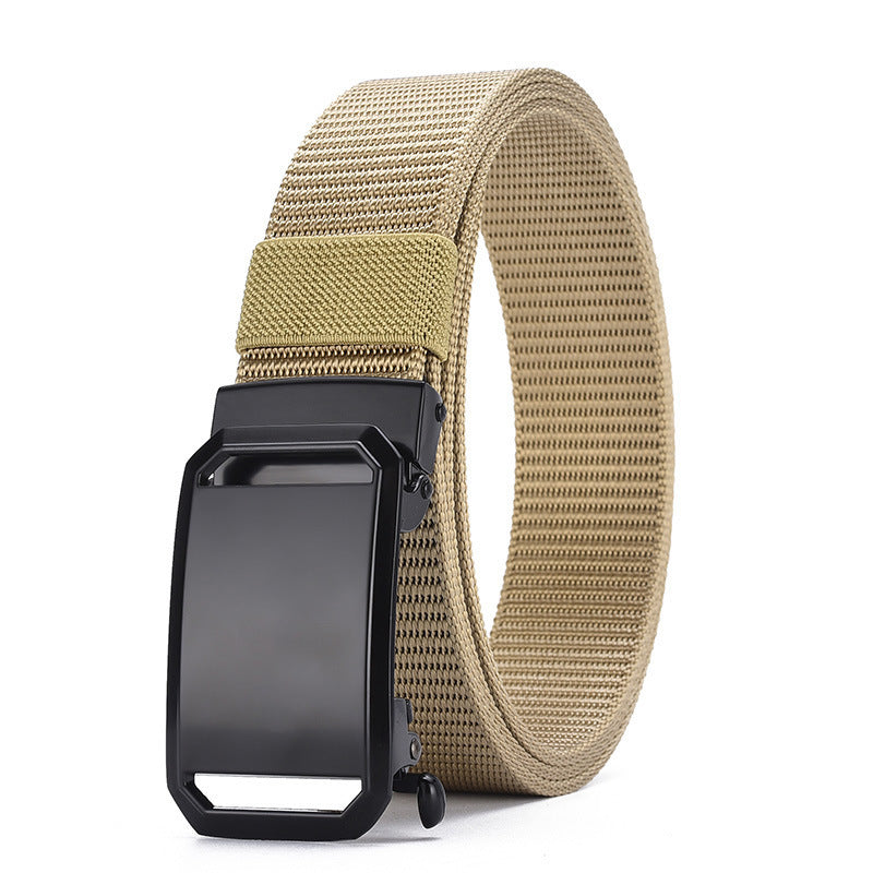 Durable beige canvas belt with black automatic buckle, modern electroplated iron design