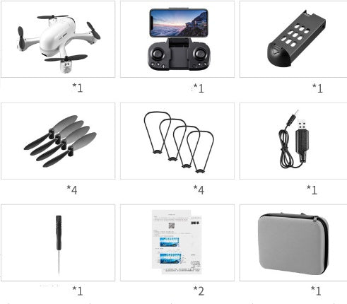 White Trendoligy S88 mini drone with 4K camera, black remote controller with smartphone, battery, propellers, protective guards, USB cable, screwdriver, manuals, and carrying case