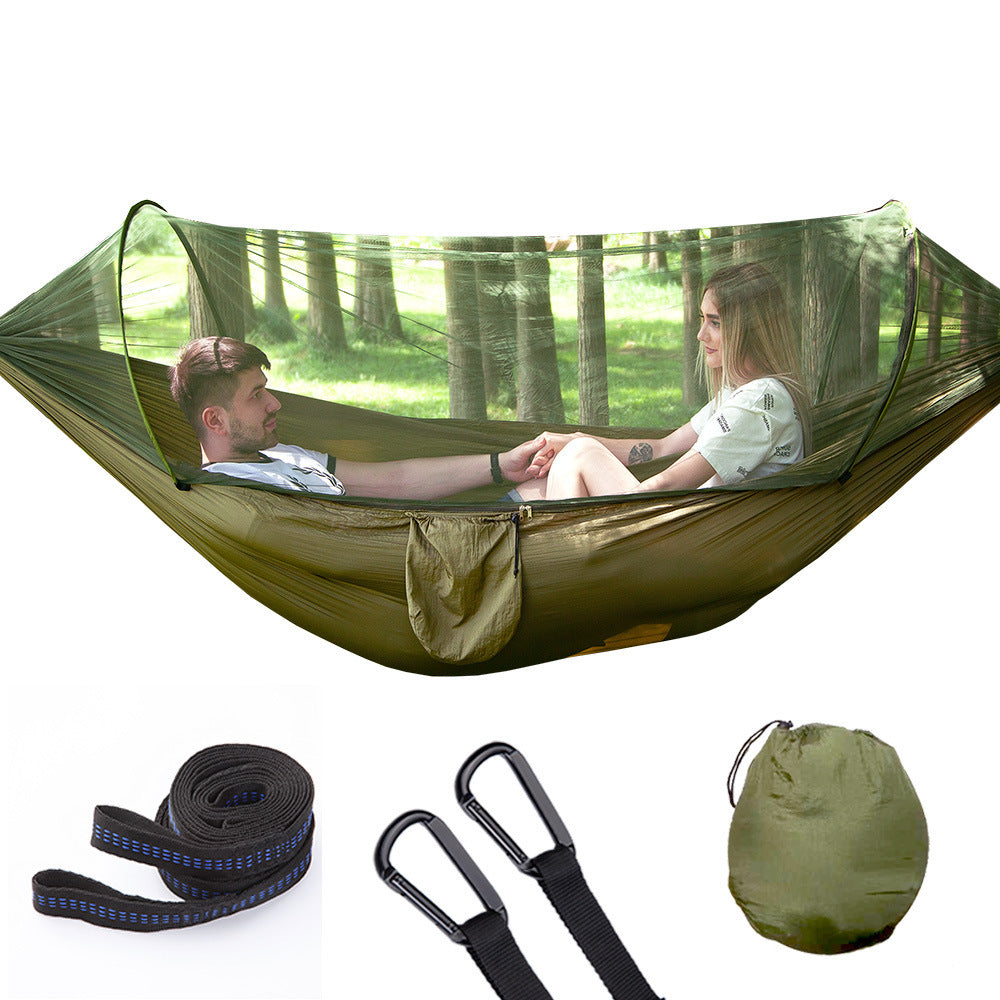 Olive green automatic camping hammock with mosquito net, carrying bag, straps, and carabiners