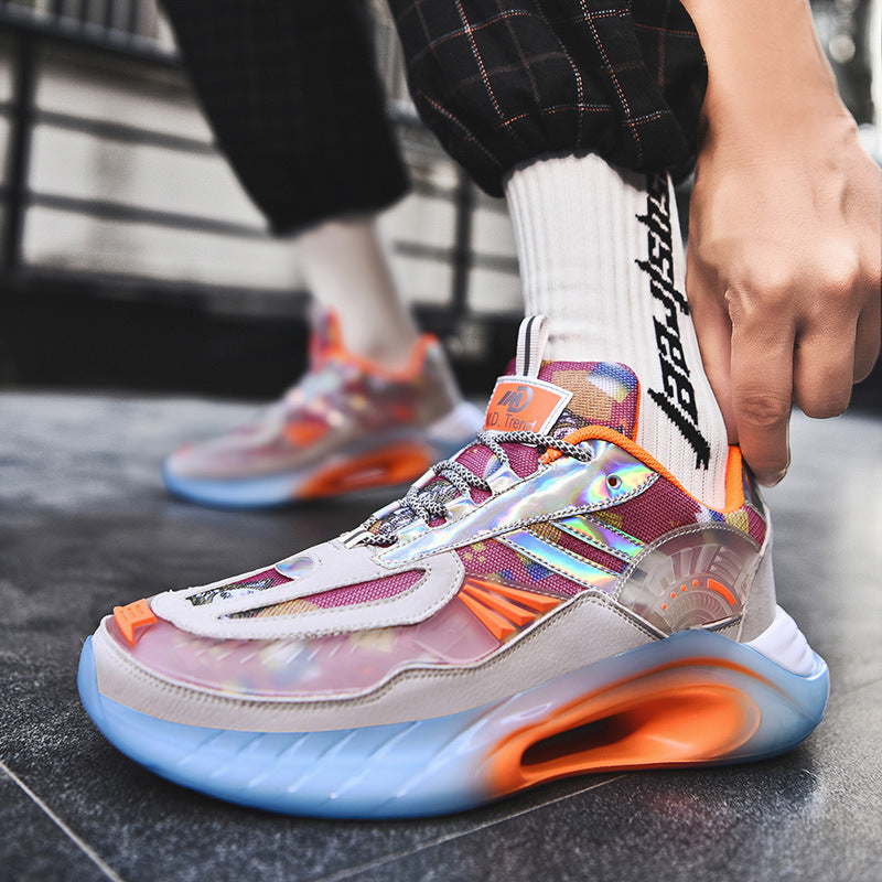 Colorful futuristic men's running shoe with iridescent details, orange accents, and blue translucent sole