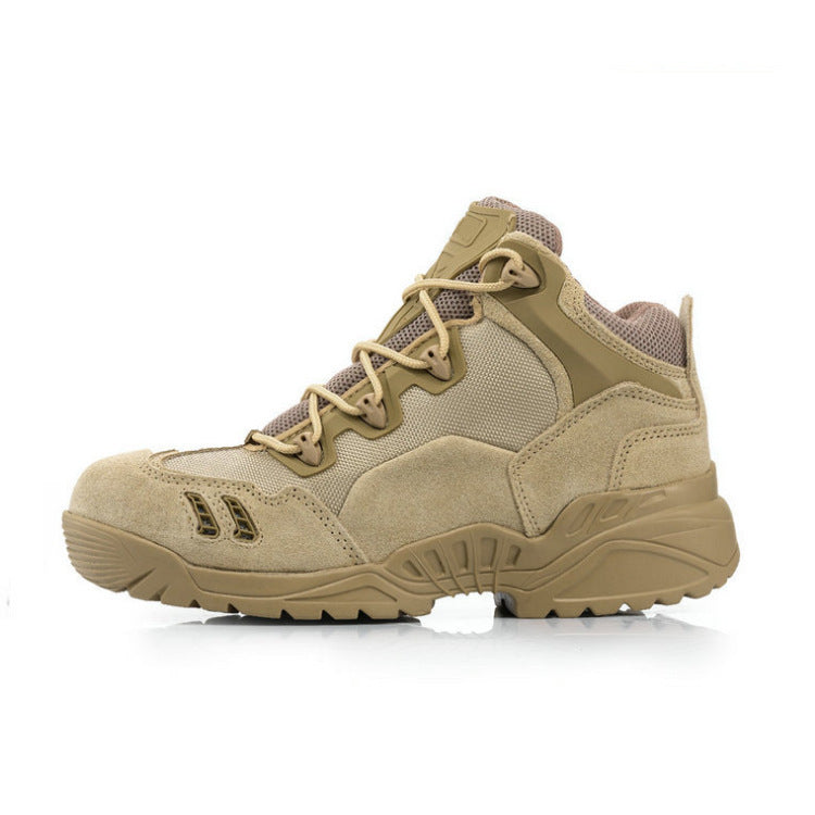 Tan tactical military boot with mesh and suede upper, thick shock-absorbing sole, and padded collar
