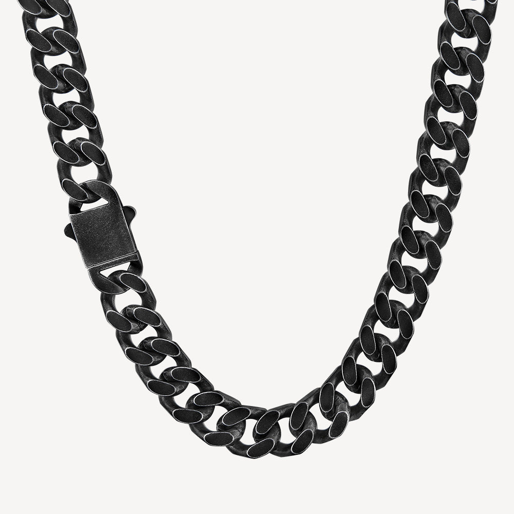 Black titanium steel Cuban link chain necklace with durable clasp, 46cm men's jewelry