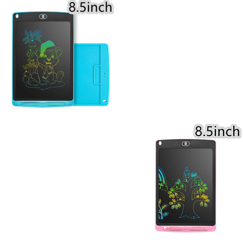 Two 8.5-inch colorful LCD handwriting drawing tablets with vibrant sketches, blue and pink frames, styluses