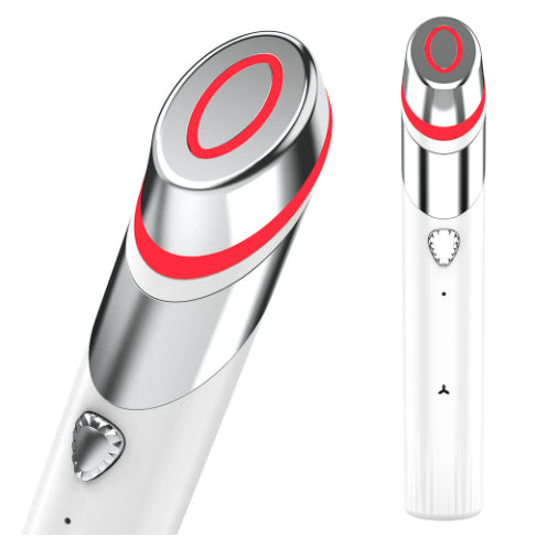 White EMS micro-current facial device with metallic curved head and red accents for skin rejuvenation