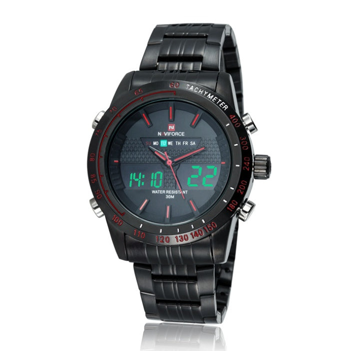 Naviforce men's black alloy sports watch with dual analog-digital display, tachymeter, and water resistance