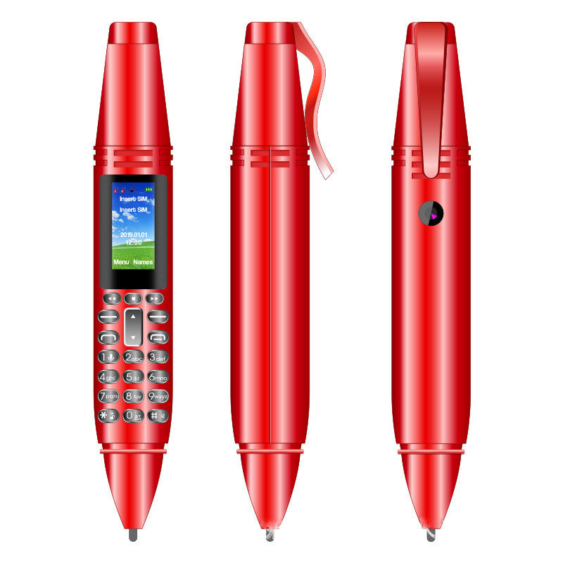 Red mini pen voice recorder with keypad, screen showing SIM insert, and clip, front and side views
