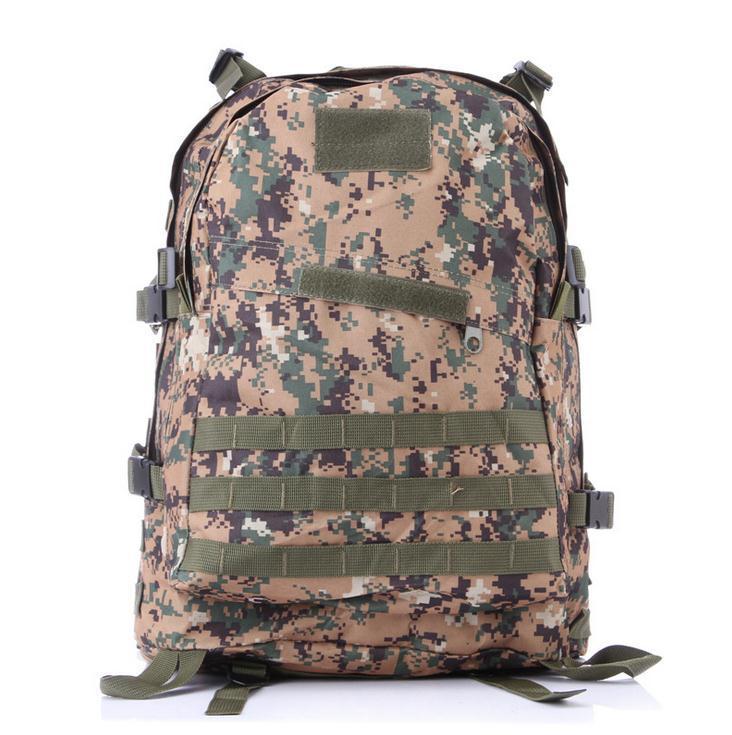 Tactical hiking backpack with digital camouflage pattern and multiple straps