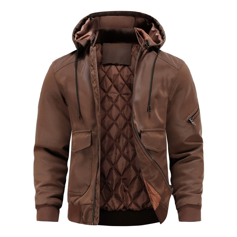 Men's brown leather motorcycle jacket with removable hood and quilted lining