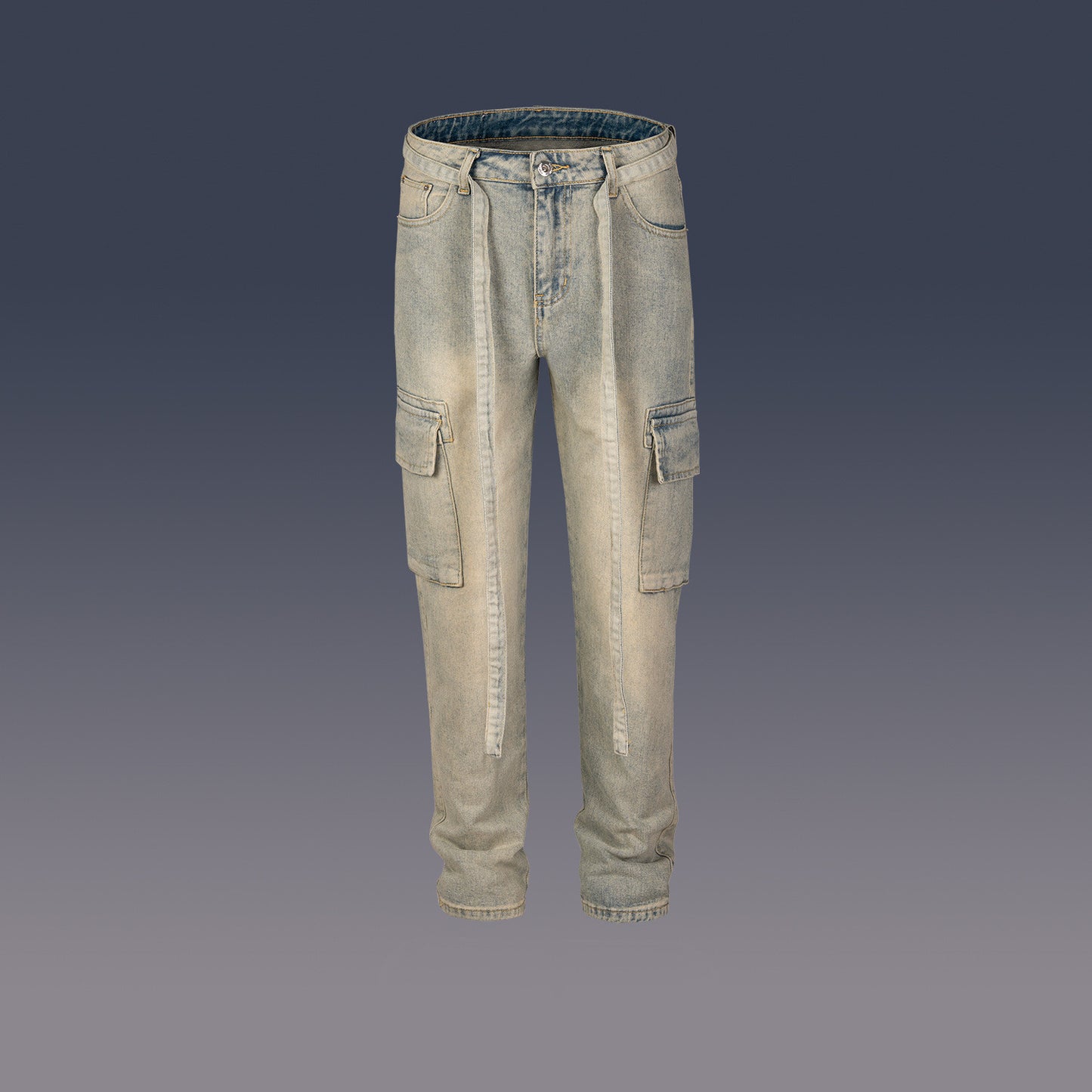 Light washed distressed denim cargo jeans for men with side pockets and belt loops