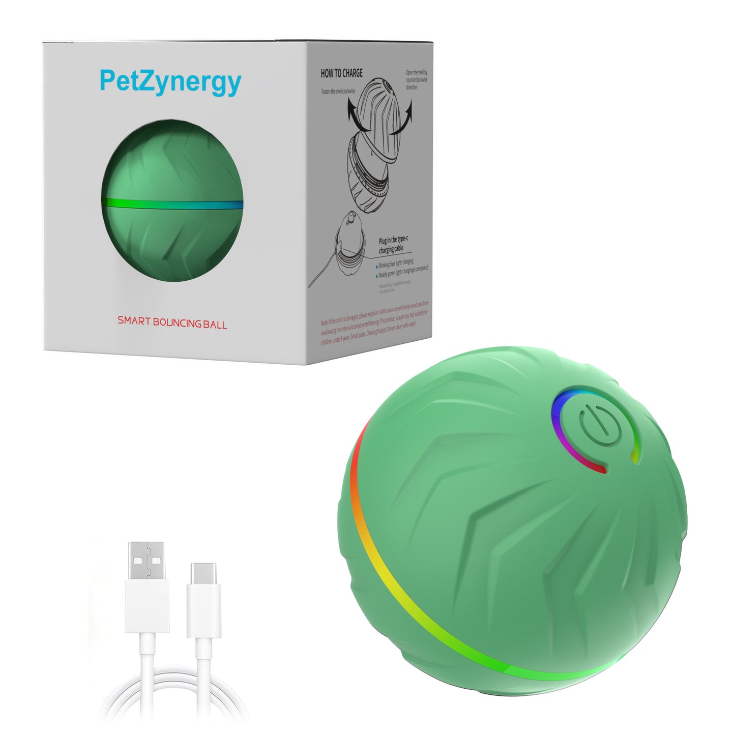 PetZynergy green smart bouncing ball dog toy with USB-C charging cable and packaging box