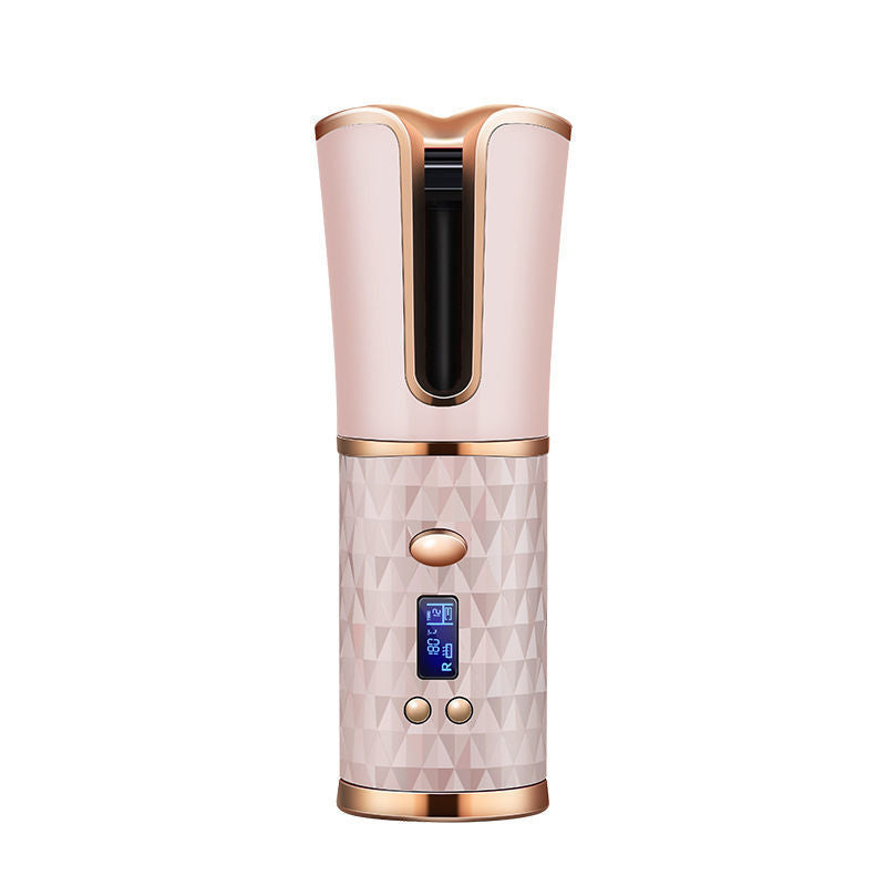 Rose gold automatic cordless hair curler with geometric handle and digital display