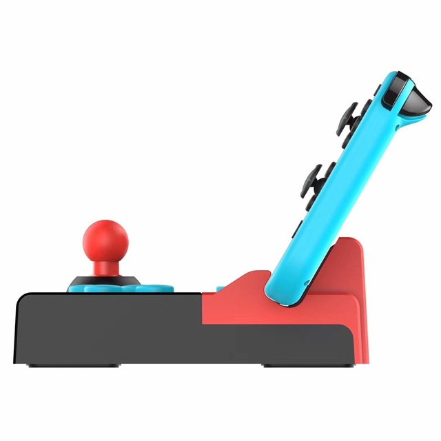Side view of Trendoligy black fighting stick controller with red joystick and blue Nintendo Switch Joy-Con