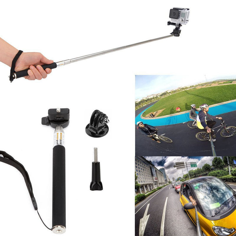 Black extendable selfie stick with sports camera mounted and accessory kit for action cameras
