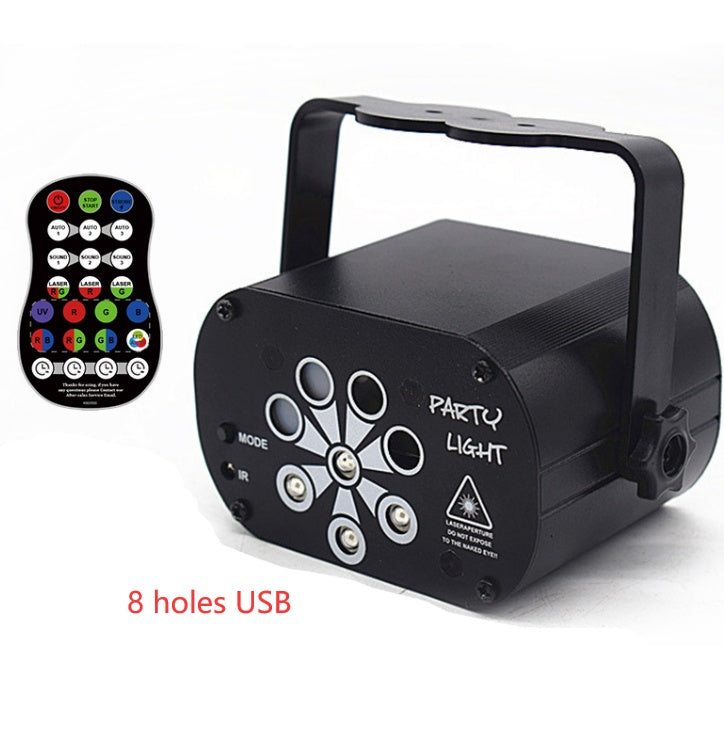 Black USB-powered party light with 8 holes, remote control, and adjustable handle for DJ and disco events