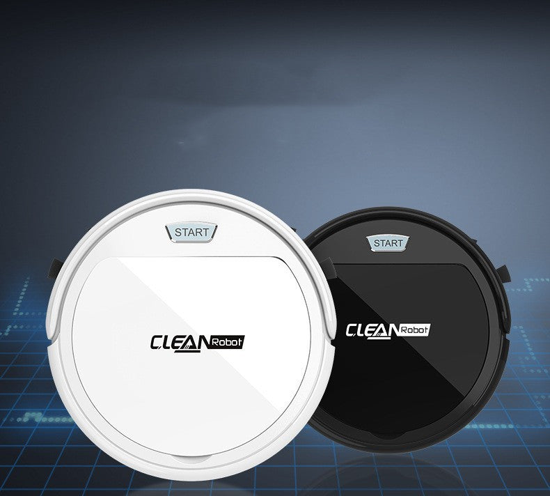 Black and white CLEAN Robot smart vacuum cleaners with START button on a digital grid background