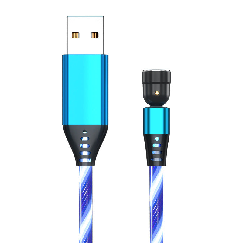 Blue magnetic USB cable with luminous LED flow light, USB-A to magnetic round connector