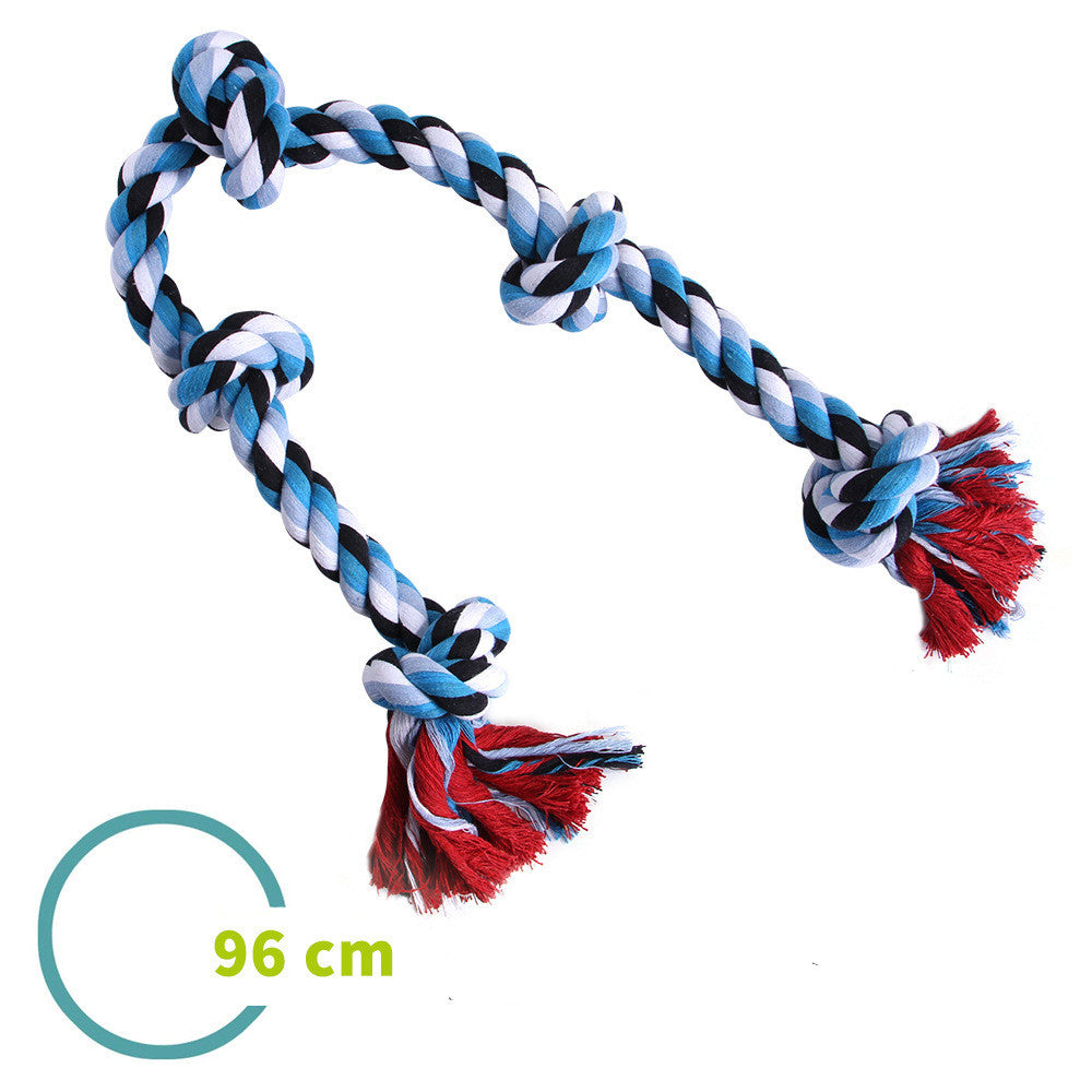 Durable blue, black, white cotton dog rope toy with knots and red tassels, 96 cm length