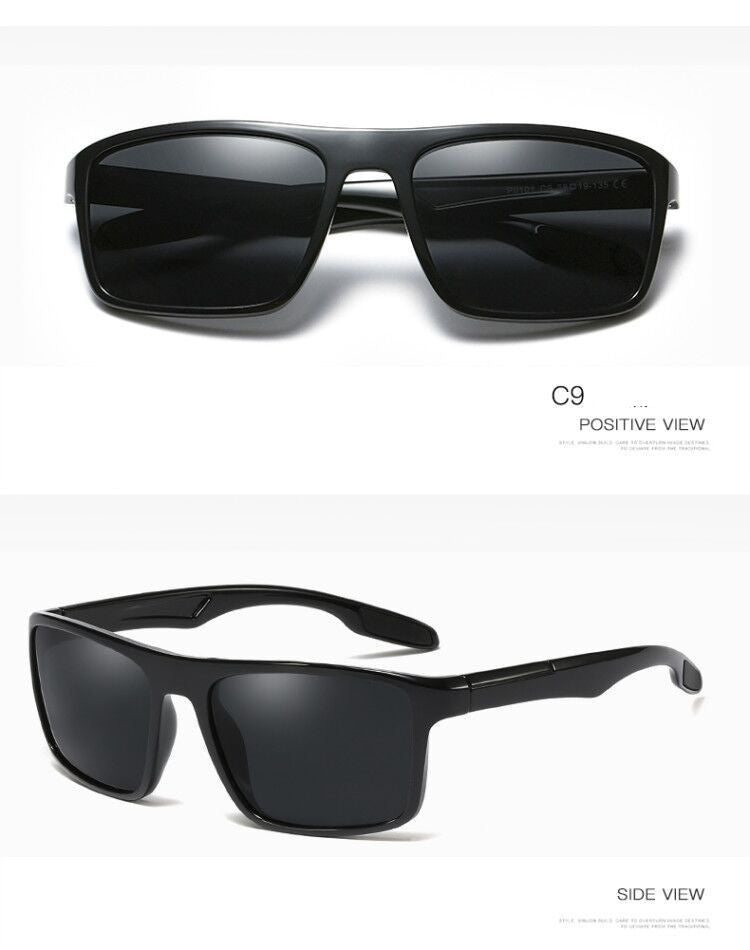 Black polarized sports sunglasses with TR90 frame and UV400 protection, front and side views