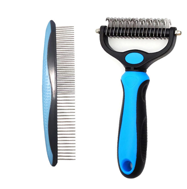 Blue and black double-sided stainless steel pet grooming comb and deshedding tool on white background