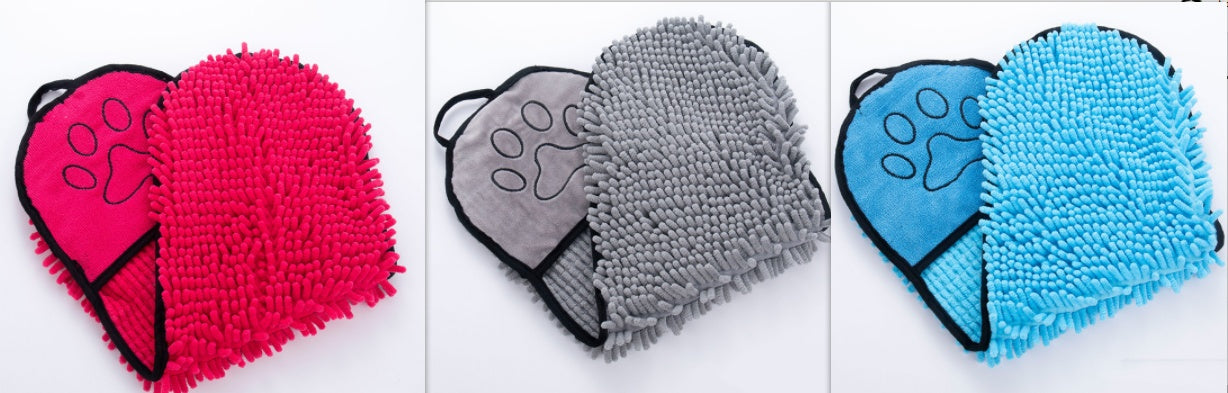 Blue super absorbent microfiber pet towels with double pockets and paw print design