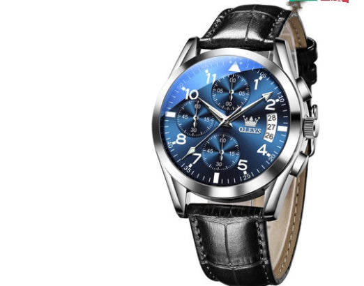 Men's quartz watch with black leather strap, blue luminous dial, chronograph, and calendar date