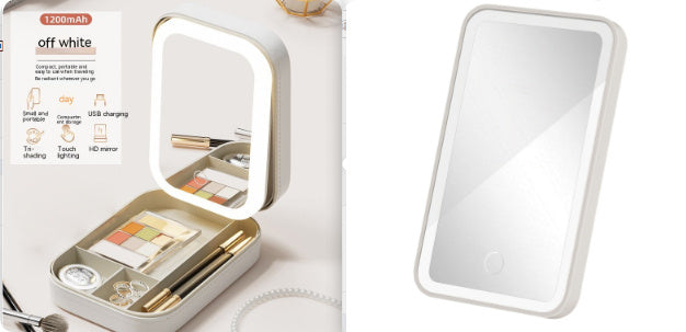 Portable off white USB rechargeable makeup storage box with LED lighted adjustable mirror