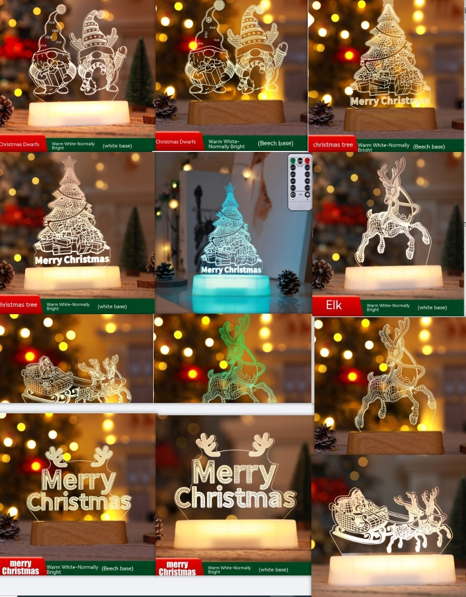 Set of LED acrylic Christmas night lights featuring tree, elves, elk, sleigh, and Merry Christmas text with warm white glow