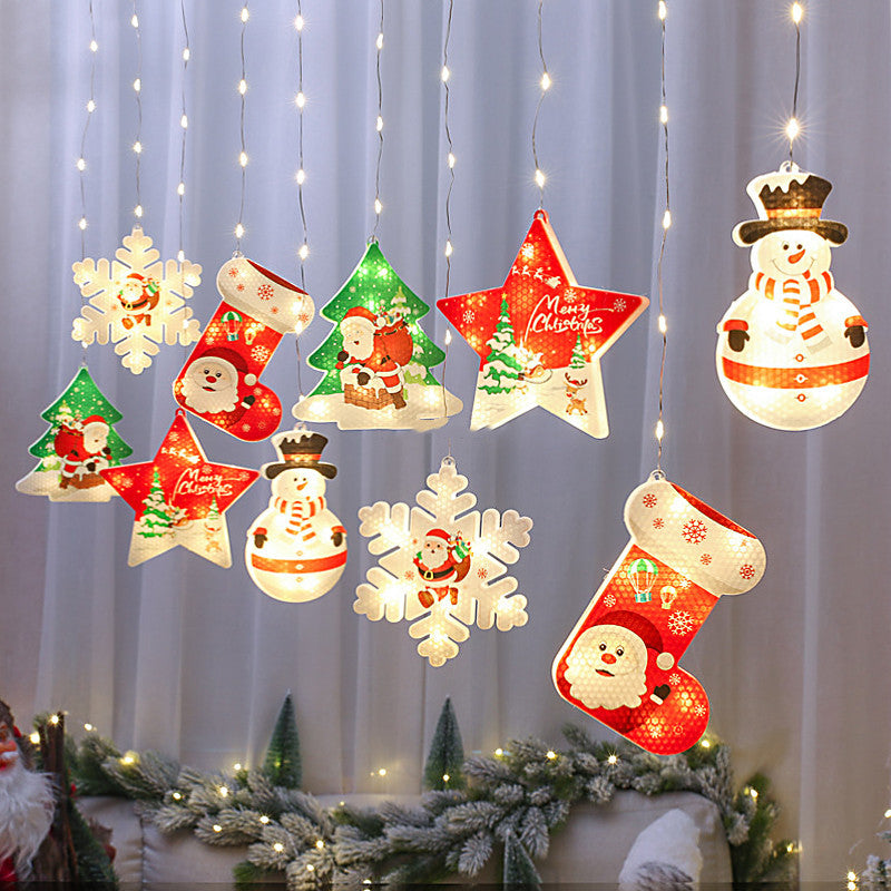 USB-powered LED Christmas string lights with snowman, Santa, tree, star, stocking, and snowflake ornaments