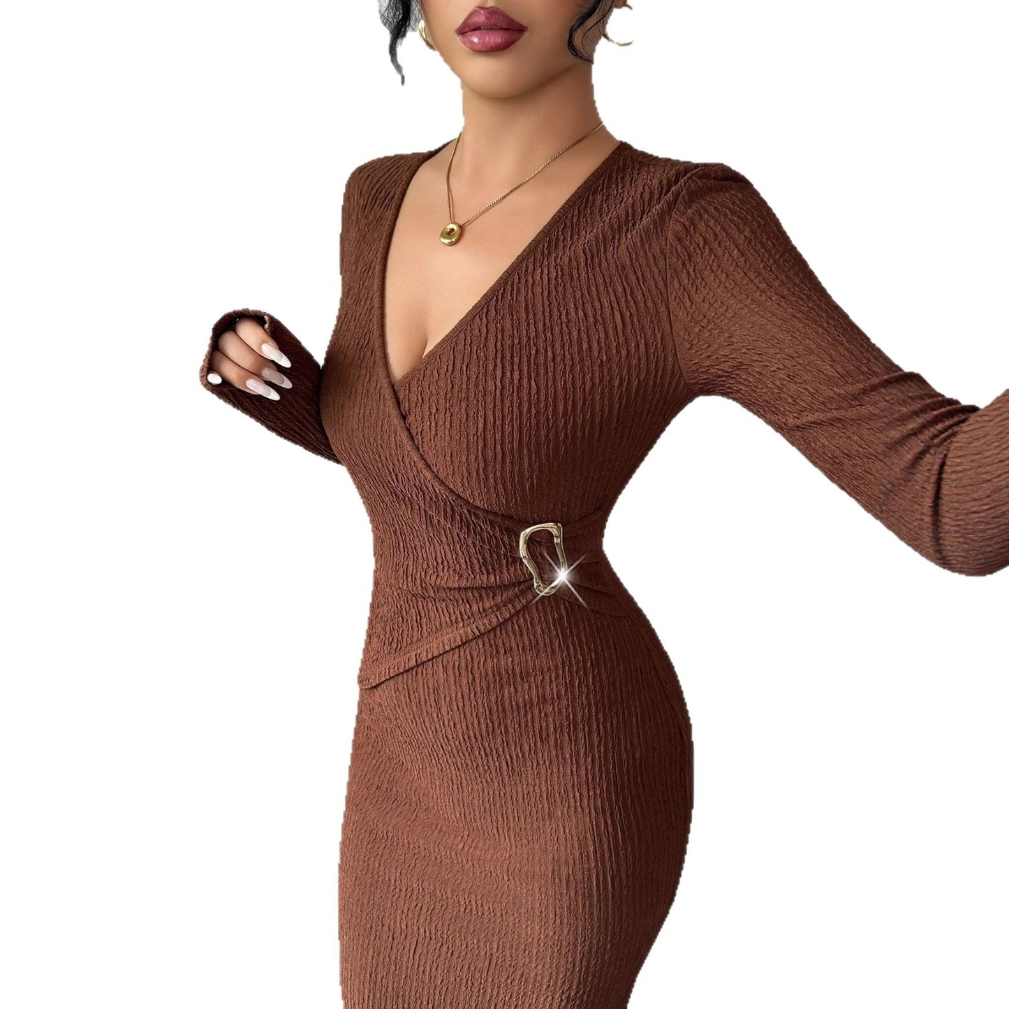 Woman wearing coffee brown slim fit knit dress with long sleeves and decorative side buckle
