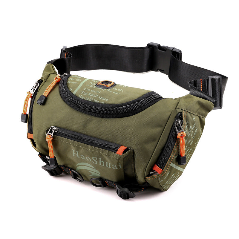 Olive green nylon waist bag with black adjustable strap, multiple zippered pockets, and orange pull cords
