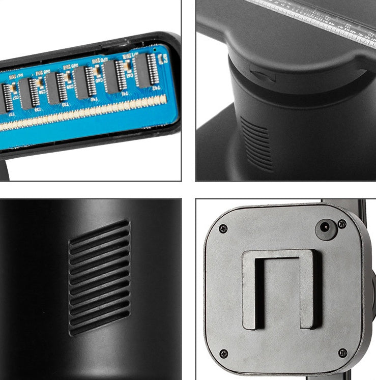 Close-up views of a black 3D holographic projector fan with digital signage components and ventilation