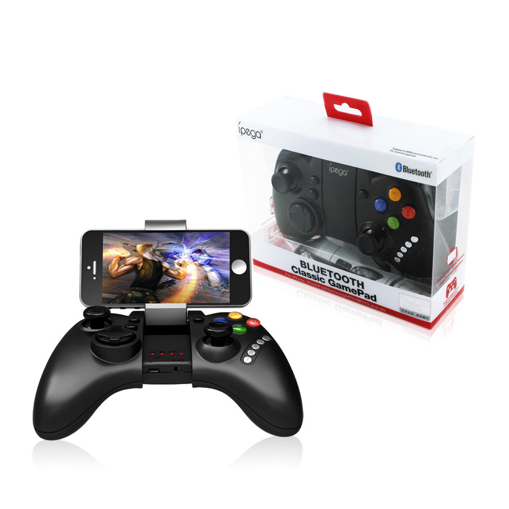 Ipega PG-9021 Bluetooth game controller with phone holder and colorful buttons, packaging box shown