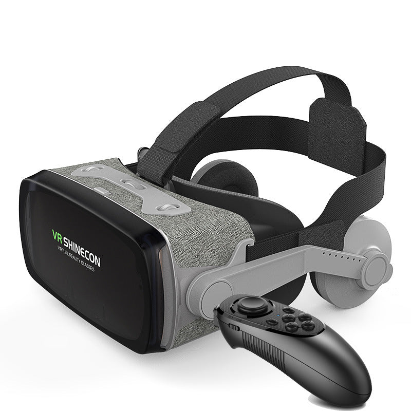 VR Shinecon virtual reality headset with adjustable straps and black wireless controller on white background