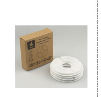 Set of 4 white replacement stainless steel pet fountain filters next to brown cardboard box