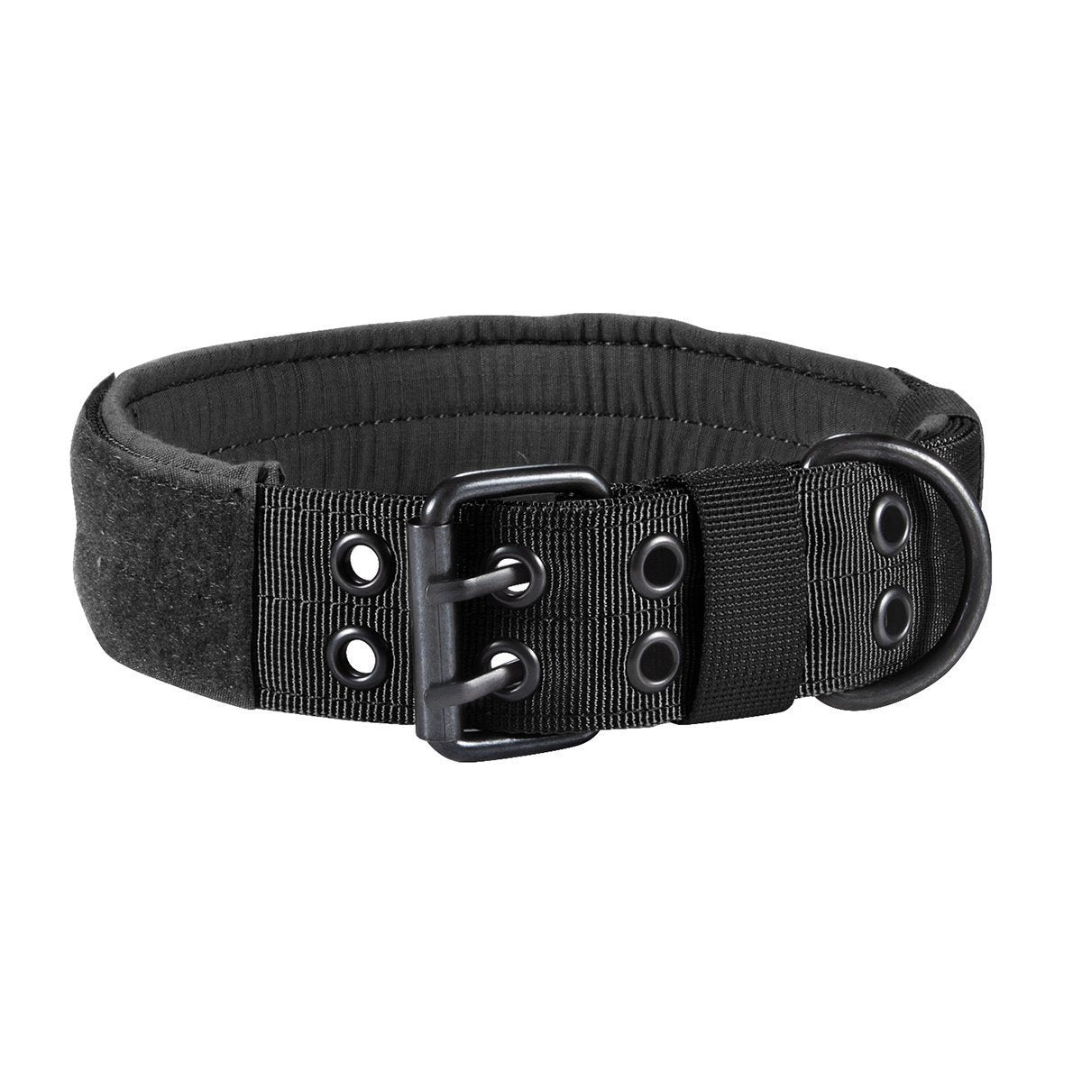Black padded nylon dog collar with metal buckle and D-ring adjustable for pets