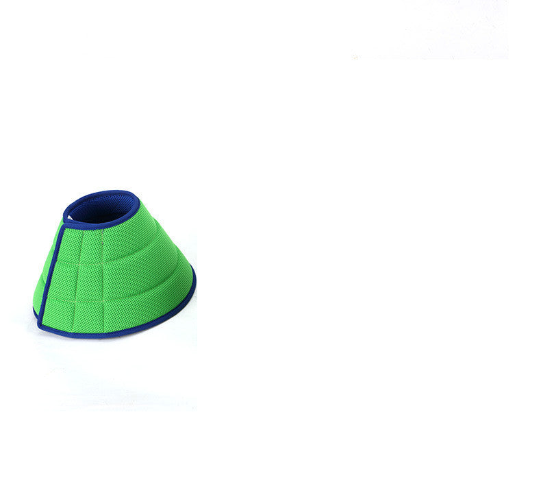 Green soft pet recovery cone with blue trim, adjustable Elizabethan collar for dogs and cats