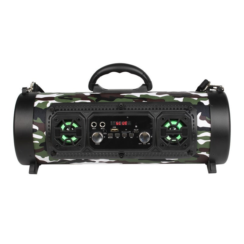 Portable waterproof Bluetooth speaker with camouflage design, dual speakers, and control panel