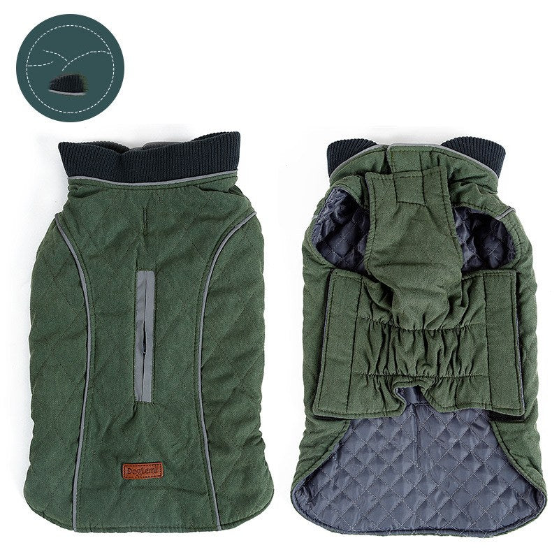 Green quilted dog winter coat with ribbed collar and reflective strips, showing front and back views