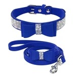 Blue rhinestone bow suede pet collar with matching leash and durable metal buckle