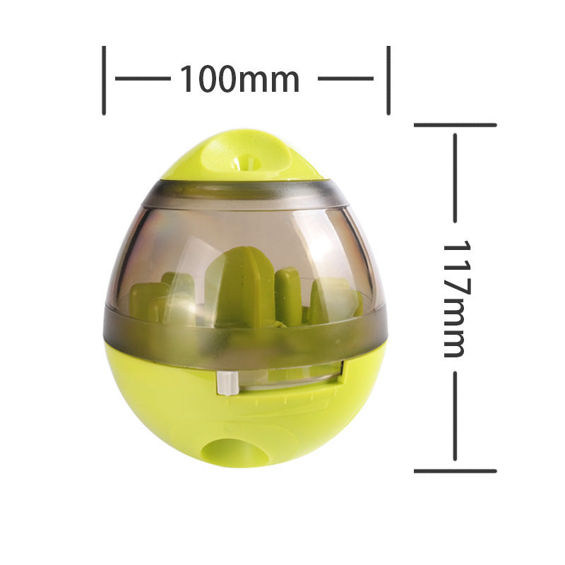 Green and transparent pet slow feeder toy ball with 100mm width and 117mm height dimensions
