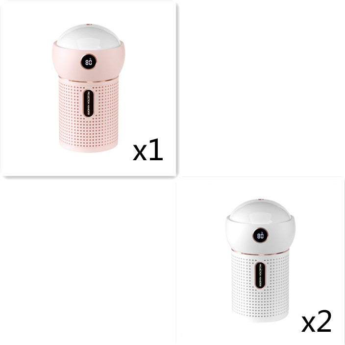 Pink and white USB humidifiers with star projector and digital display, modern compact design