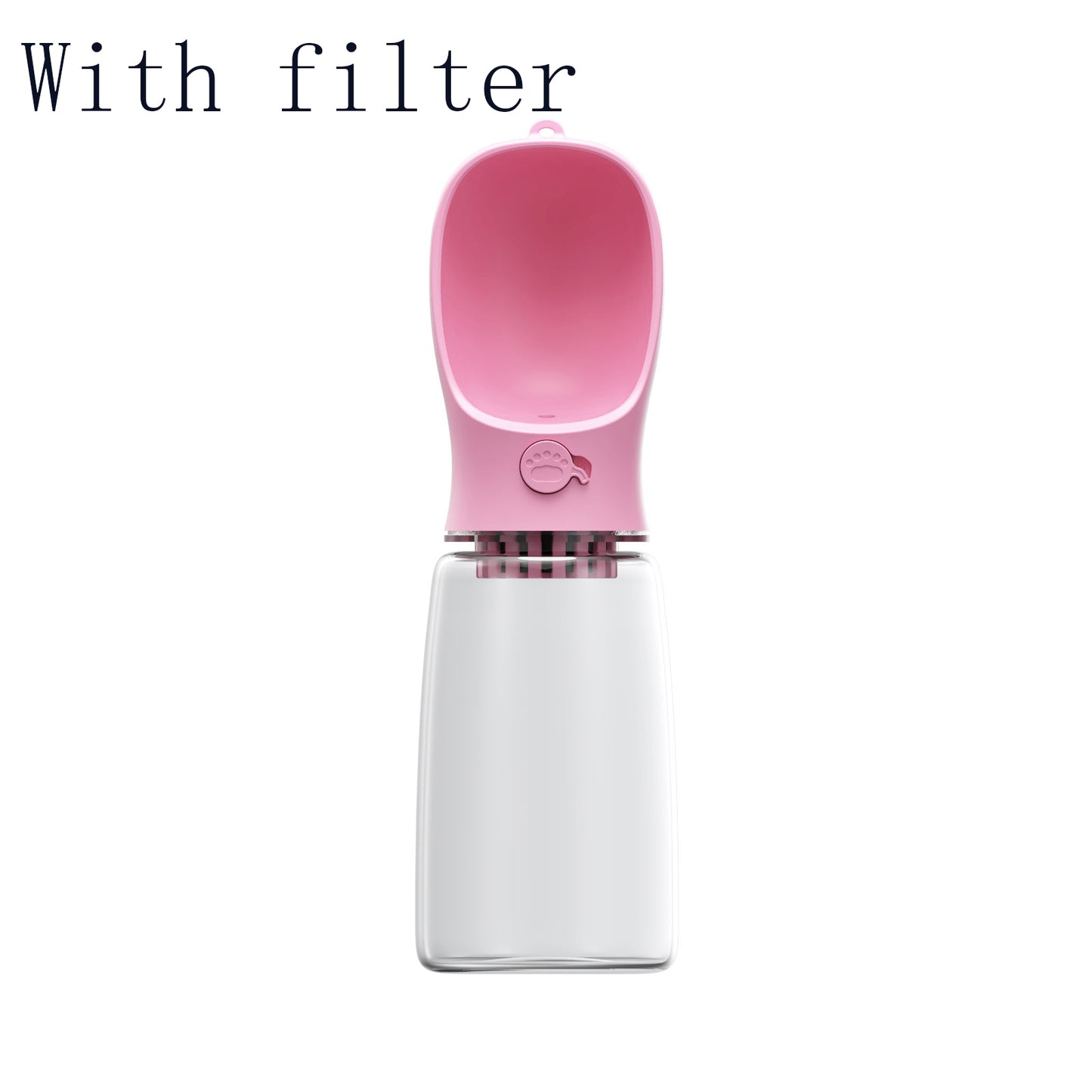 pink portable pet water bottle with built-in filter and paw button on white background