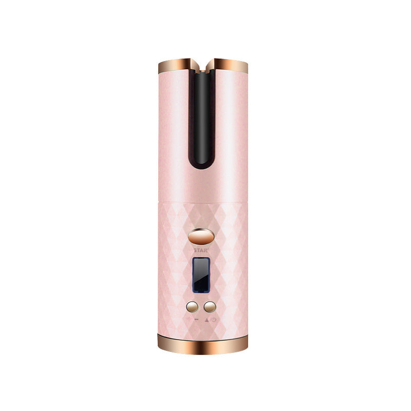Pink and rose gold cordless automatic hair curler with digital display and ceramic barrel
